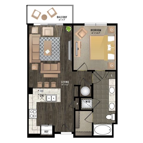 Floor plan for 1 bed, 1 bath, 738 sqft